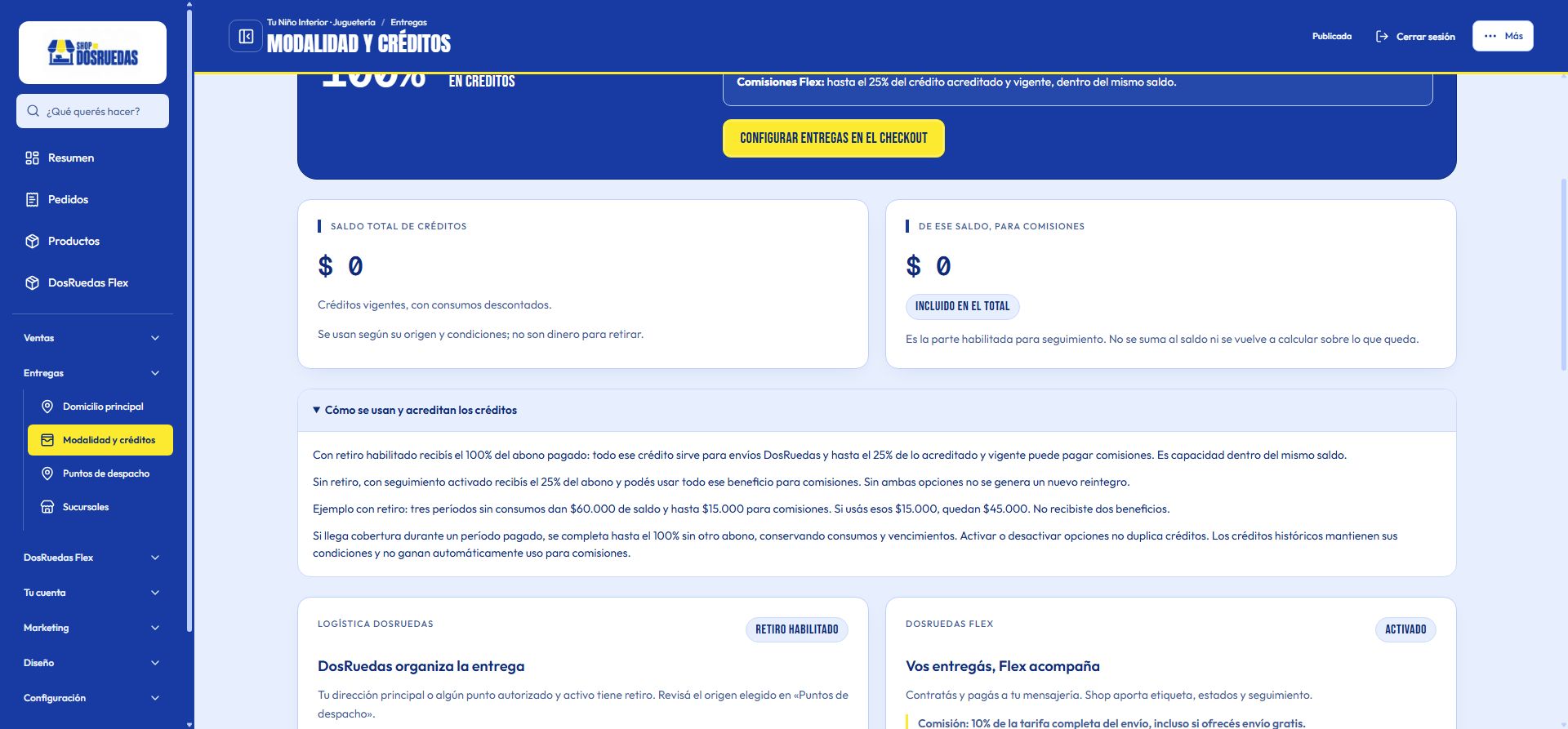 Panel de modalidad y créditos con las condiciones de una tienda de demostración.