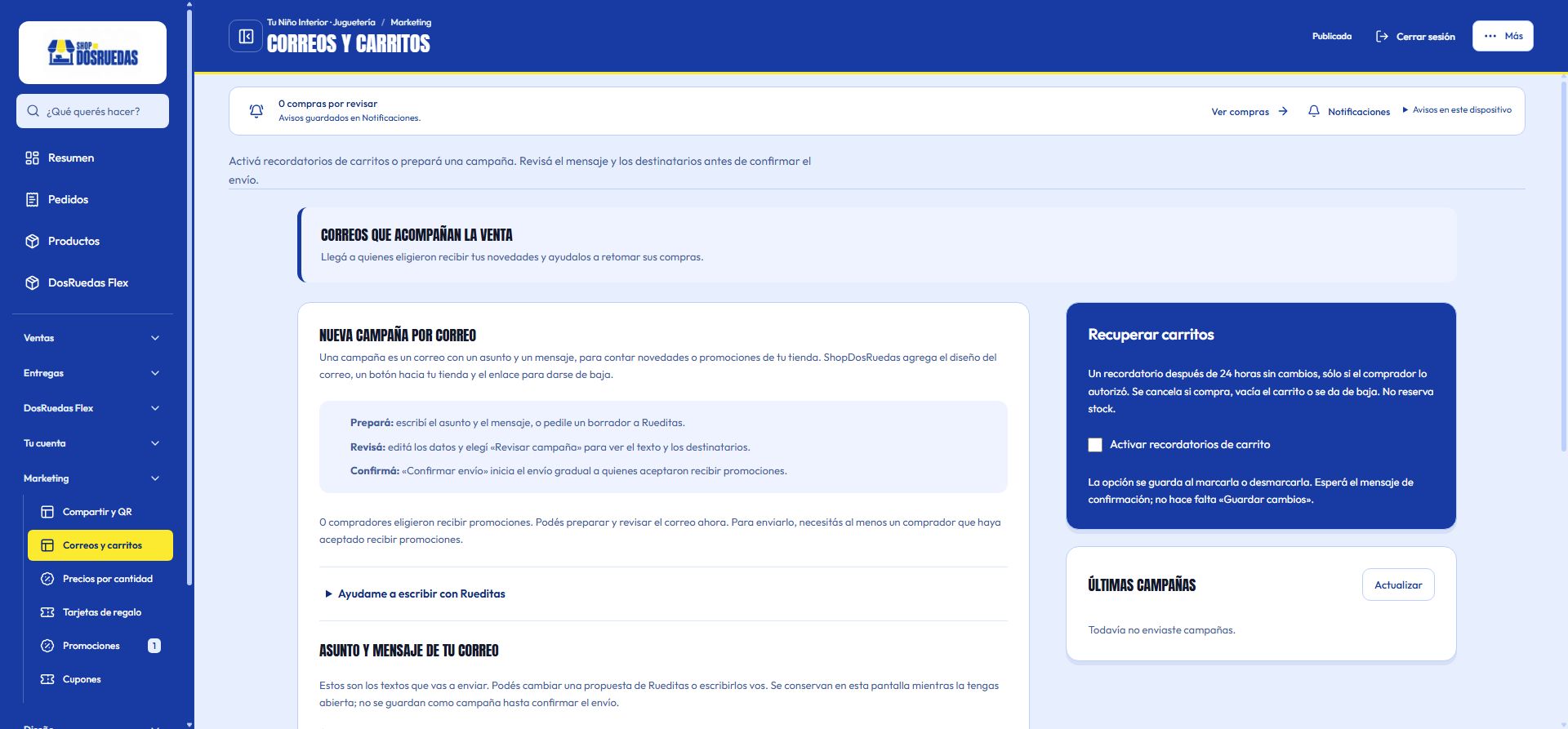 Comunicaciones: configuración de recordatorios y preparación de una campaña de ejemplo.