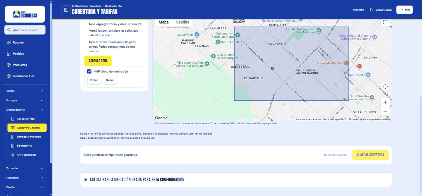 Mapa real de Flex con una zona de demostración. No representa la cobertura de Logística DosRuedas.