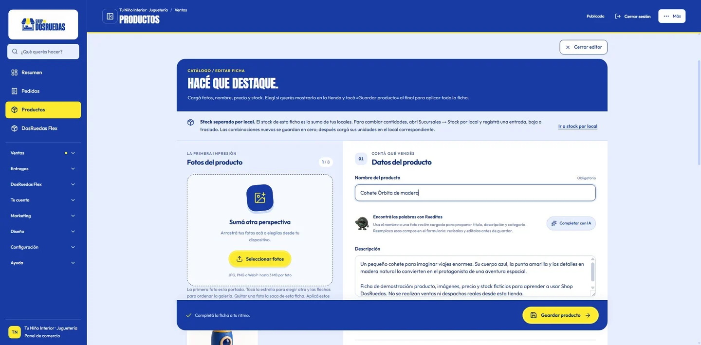 Asistencia real de Rueditas en el editor de un producto de ejemplo.